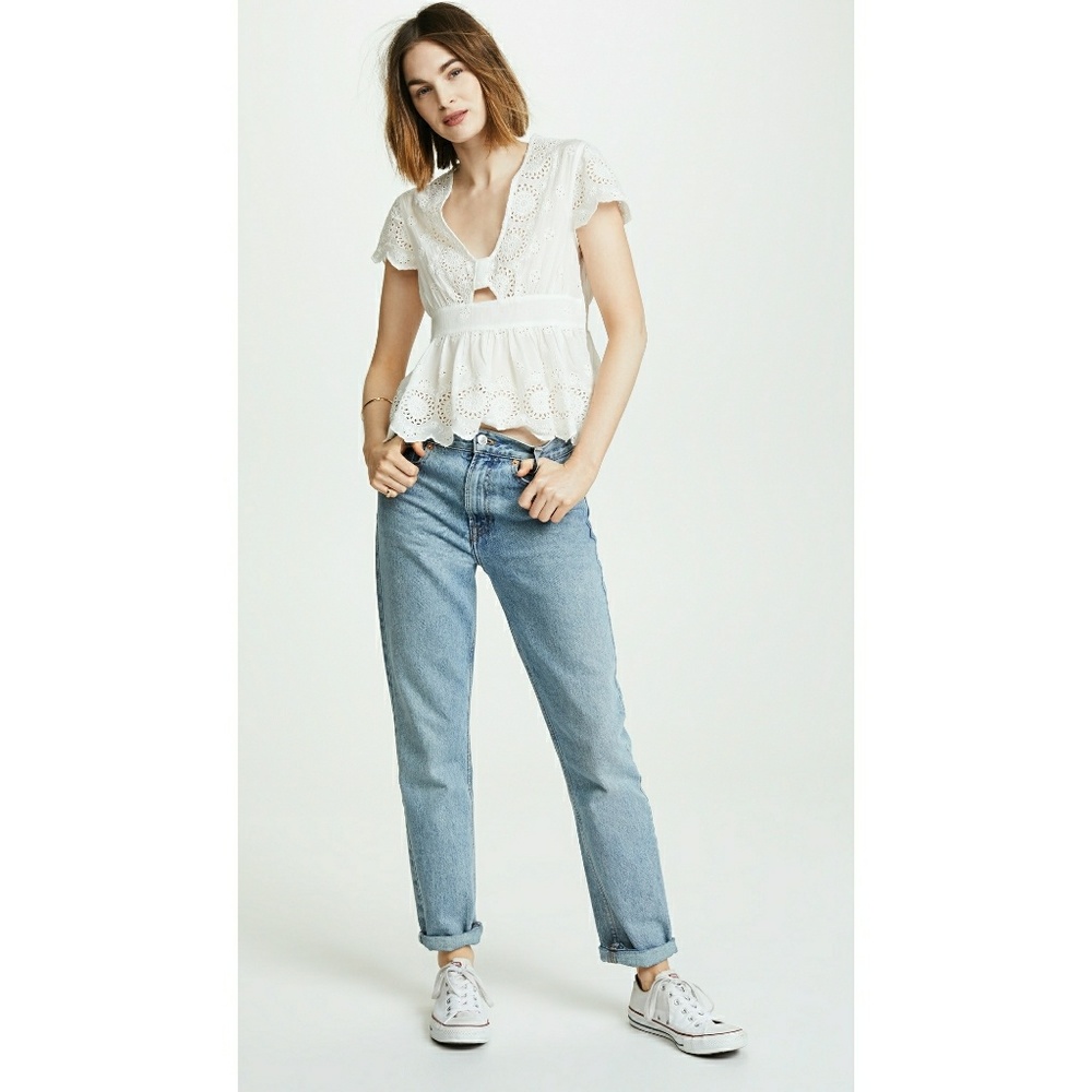 New! FREE PEOPLE Cutout Eyelet Peplum Top Ivory - Picture 2 of 8
